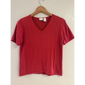 VTG Y2K Cherokee Womens Red Short Sleeve Cable Knit V-Neck Sweater Top Size M